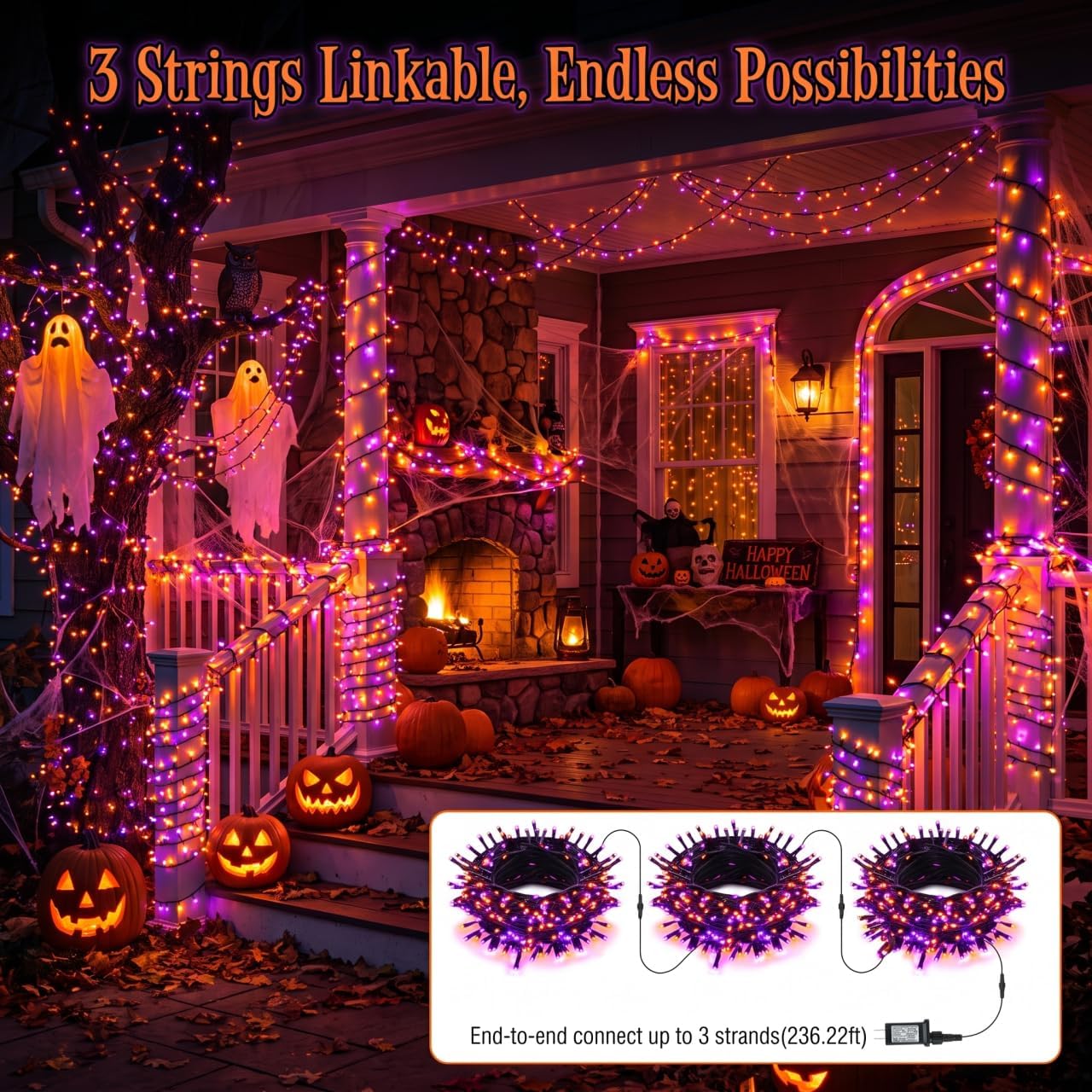 BrizLabs Purple Orange Halloween String Lights Connectable 78.74ft 240 LED