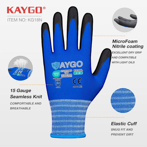 KAYGO Safety Work Gloves, MicroFoam Nitrile Coated, Men Women,KG18N