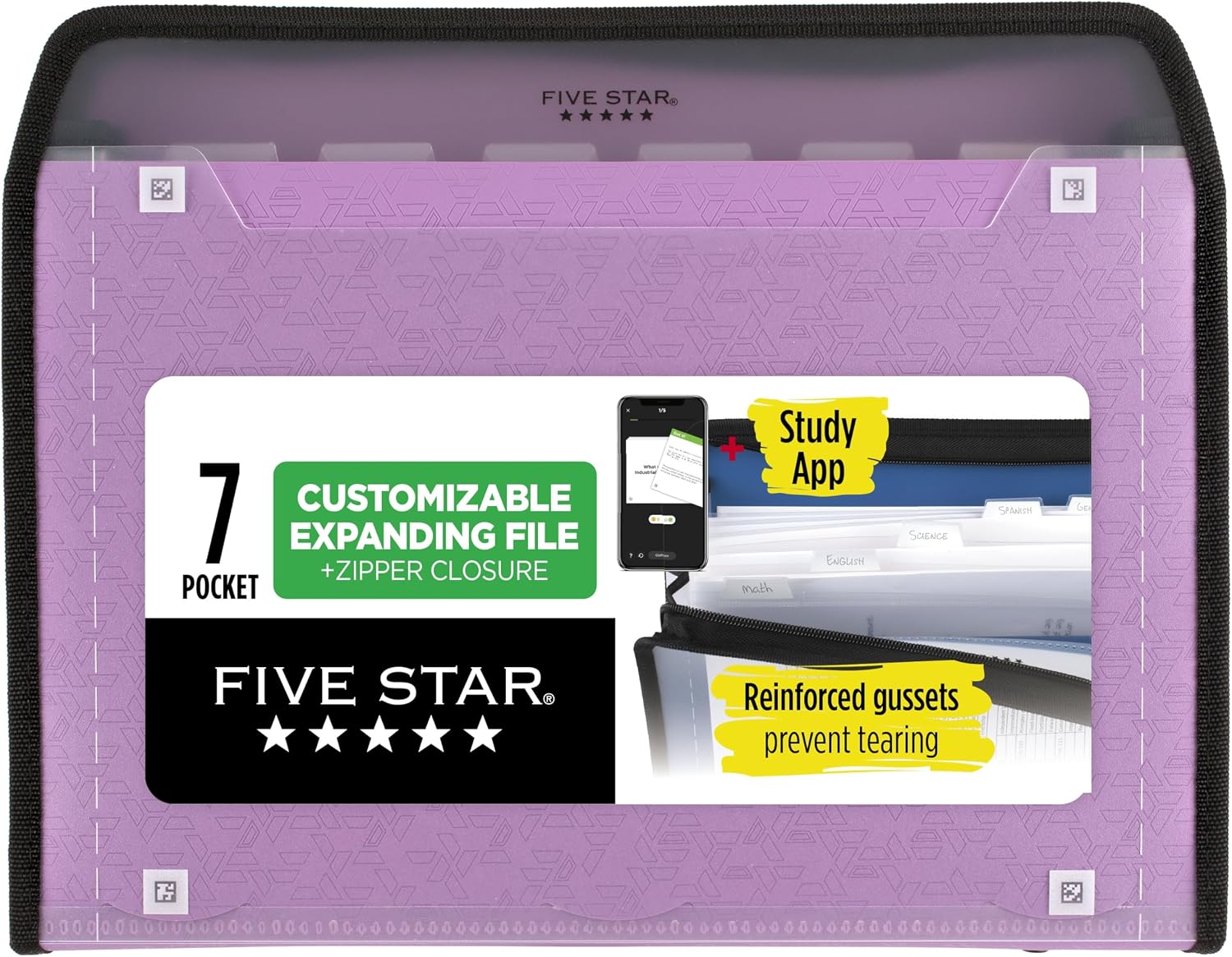 Five Star Expanding File Organizer + Study App, 7-Pocket Accordian File Organizer, Zipper Closure, Holds 8-1/2" x 11" Paper, Amethyst Purple (350099G-ECM)