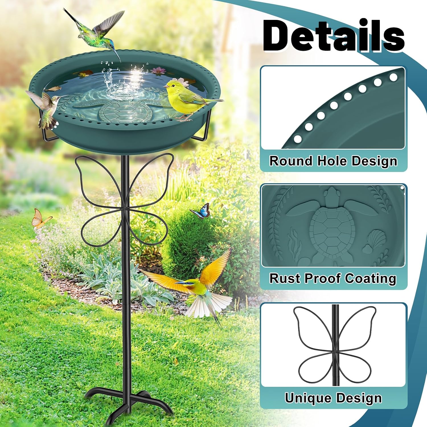 Bird Bath for Outside, Garden Freestanding Birdbath & Birdfeeder with Removable Bowl, Bird Baths Feeder for Outdoors Garden Patio Yard Lawn Decor, 5-Pronged Base & Easy to Clean(Green)