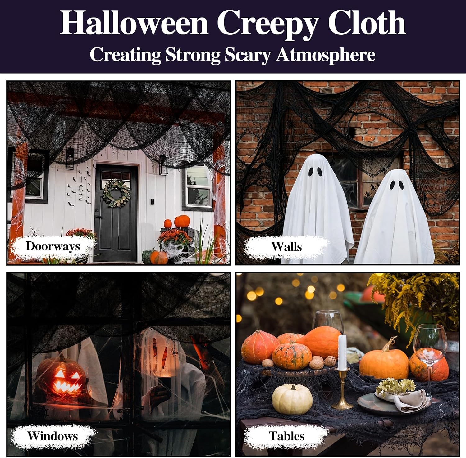 ZeeDix 6 Pack Black Halloween Creepy Cloth 30 × 75 Inch - Halloween Cheesecloth Decoration Spooky Scary Gauze Black Cheese Cloth for Party Supplies Outdoor Yard Home Wall Doorway