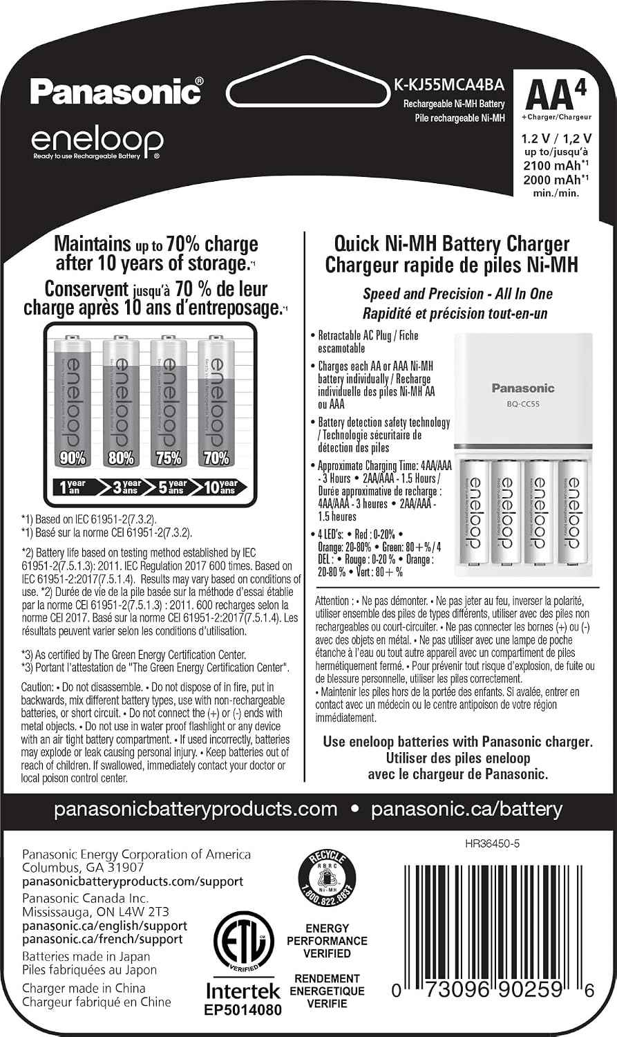 Eneloop Panasonic K-KJ55MCA4BA Advanced Individual Battery 3 Hour Quick Charger with 4 AA Rechargeable Batteries, White | 4 AA Rechargeable Batteries, 3 Hour Quick Charger