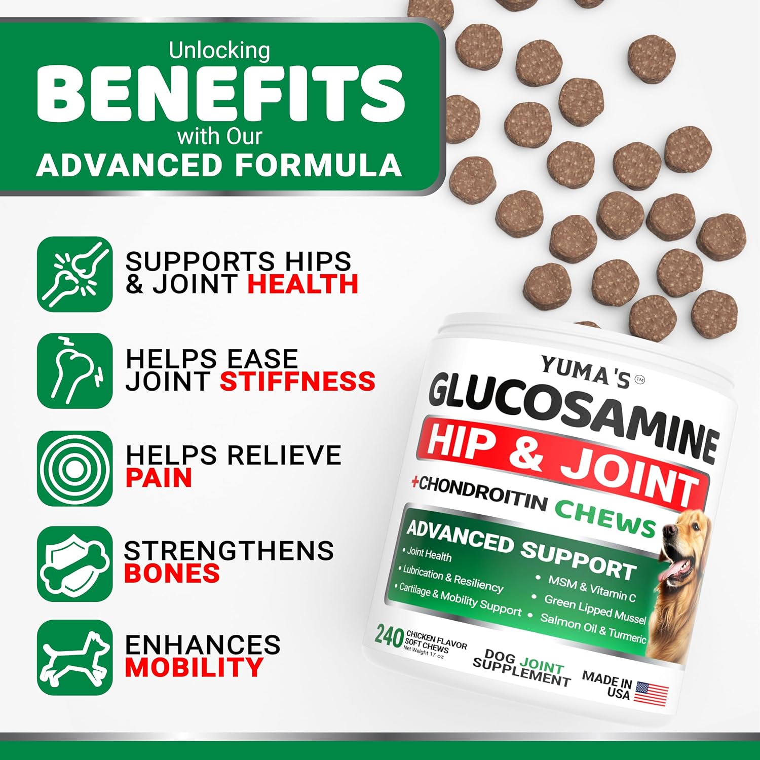 YUMA'S Glucosamine for Dogs - 240 Chews - Hip & Joint Supplement for Dogs