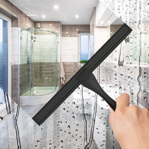 All-Purpose Stainless Steel Shower Squeegee for Shower Doors with 2 Adhesive Hooks, Bathroom Cleaner Tool Household Window Mirror Squeegee for Home Cleaning, Glass Door, Tile Wall, Car, 14 Inch Black