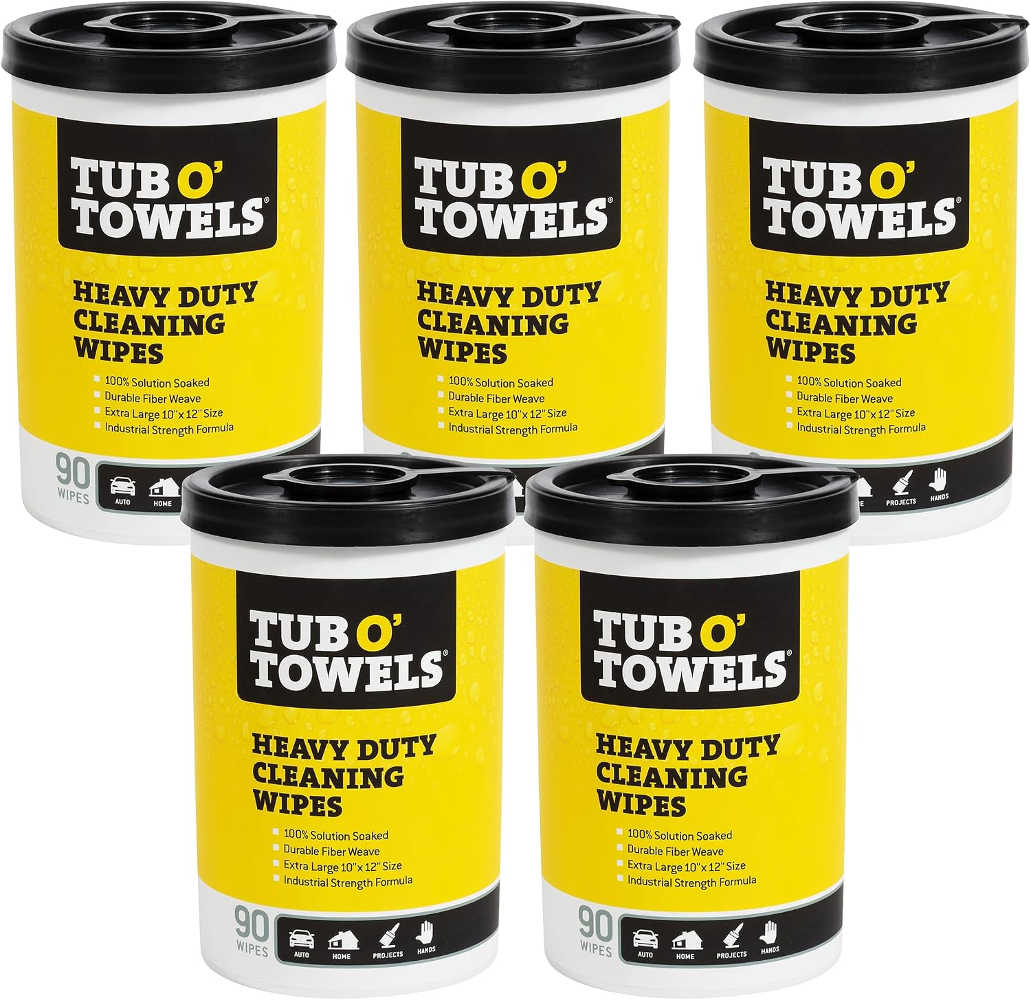 Tub O' Towels TW90 Heavy-Duty Multi-Surface Cleaning Wipes, 5-Pack – XL 10" x 12" Wipes, 90 Count Per Canister, 450 Total Wipes – For Grease, Oil, Tar, Paint, Ink & Everyday Messes
