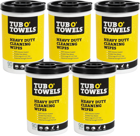 Tub O' Towels TW90 Heavy-Duty Multi-Surface Cleaning Wipes, 5-Pack – XL 10" x 12" Wipes, 90 Count Per Canister, 450 Total Wipes – For Grease, Oil, Tar, Paint, Ink & Everyday Messes