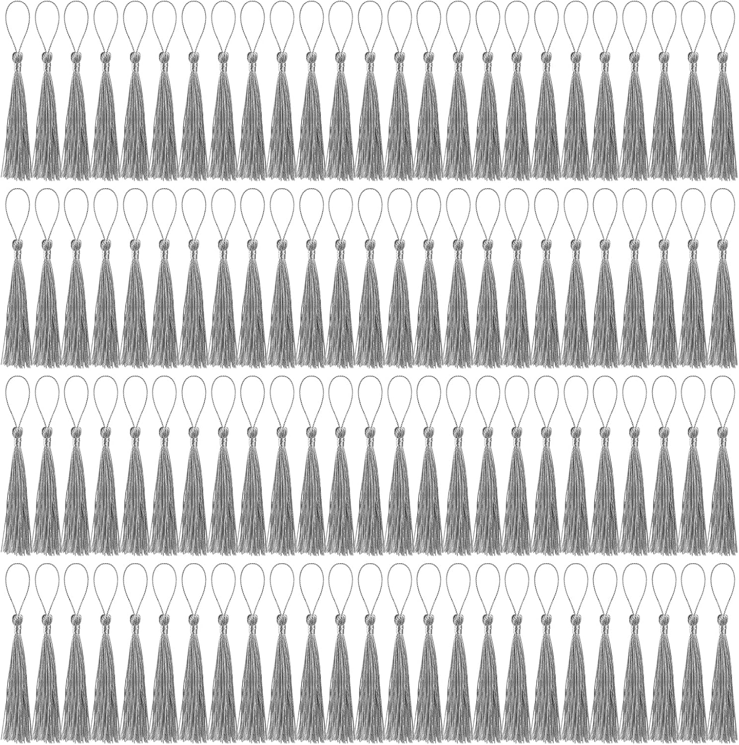 100 Pcs Bookmark Tassels Bulk Silver Gray Soft Craft Silky Handmade Mini Tassels for Jewelry Making with Loops for DIY Craft Accessory Dress Decoration