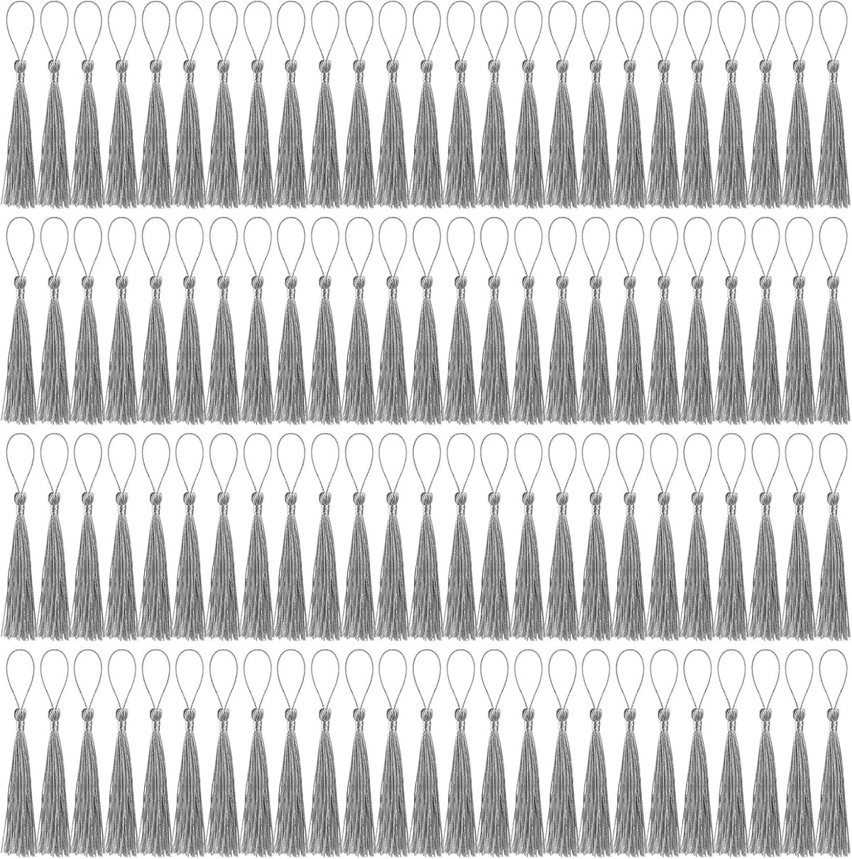 100 Pcs Bookmark Tassels Bulk Silver Gray Soft Craft Silky Handmade Mini Tassels for Jewelry Making with Loops for DIY Craft Accessory Dress Decoration