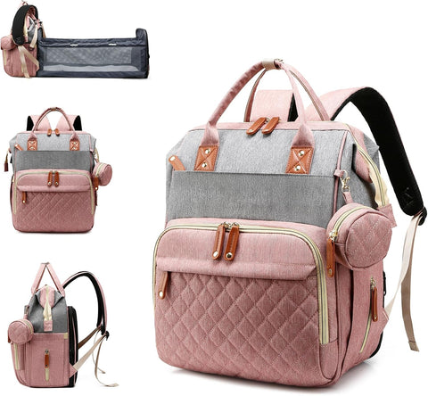 Diaper Bag with Changing Station, Waterproof 3 in 1 Diaper Backpack with Foldable Changing Pad, Large Travel Backpack for Mom & Dad, Baby Gift for Baby Girl & Boy, Pink-Grey