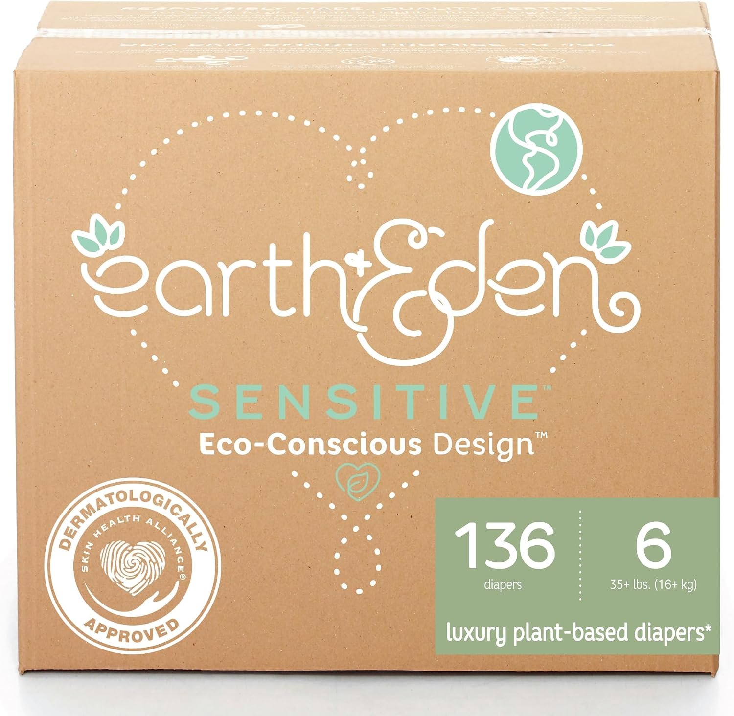 Earth & Eden Sensitive Baby Diapers, Size 6, No Harsh Chemicals, 136 ct