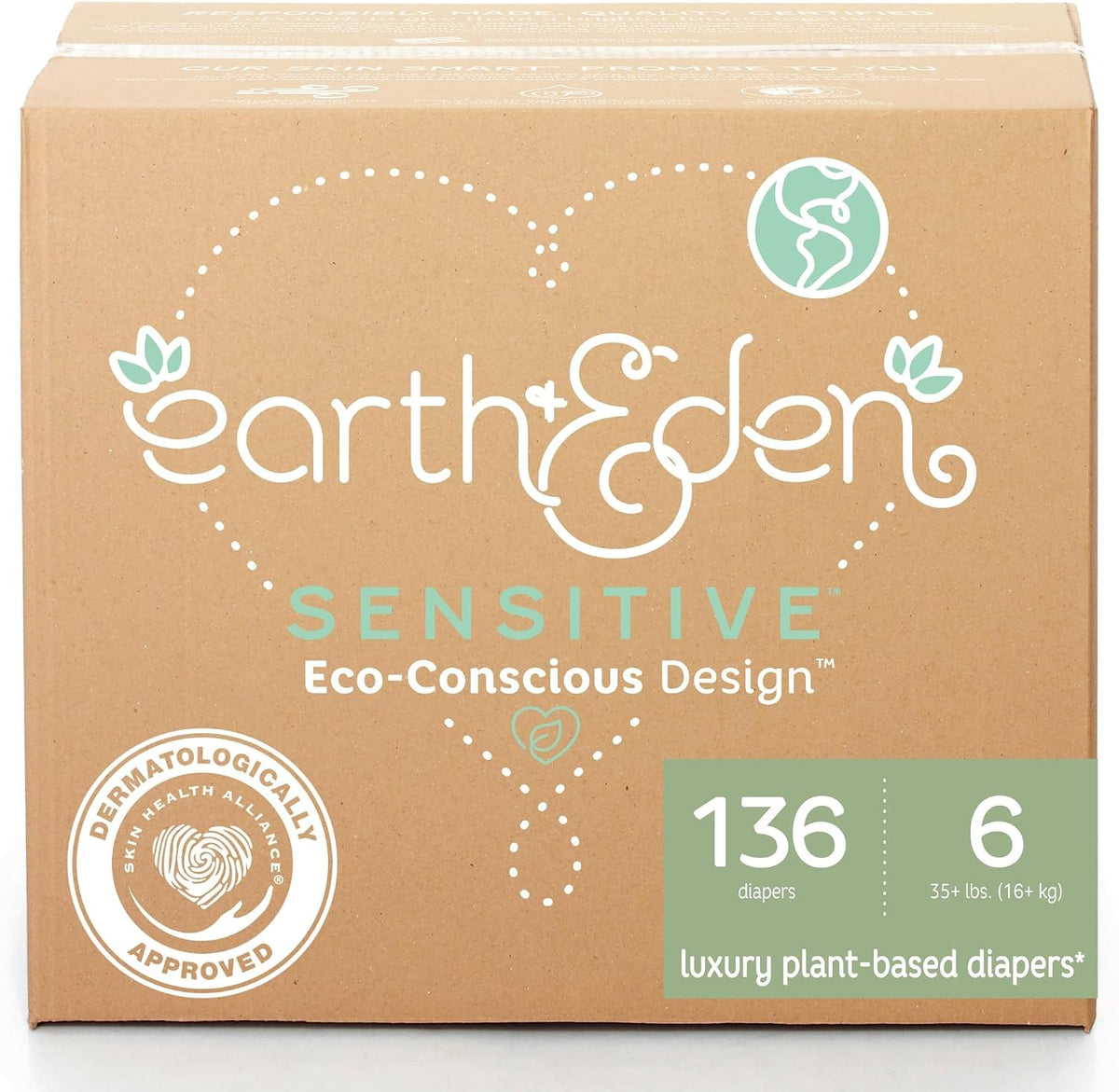 Earth & Eden Sensitive Baby Diapers, Size 6, No Harsh Chemicals, 136 ct
