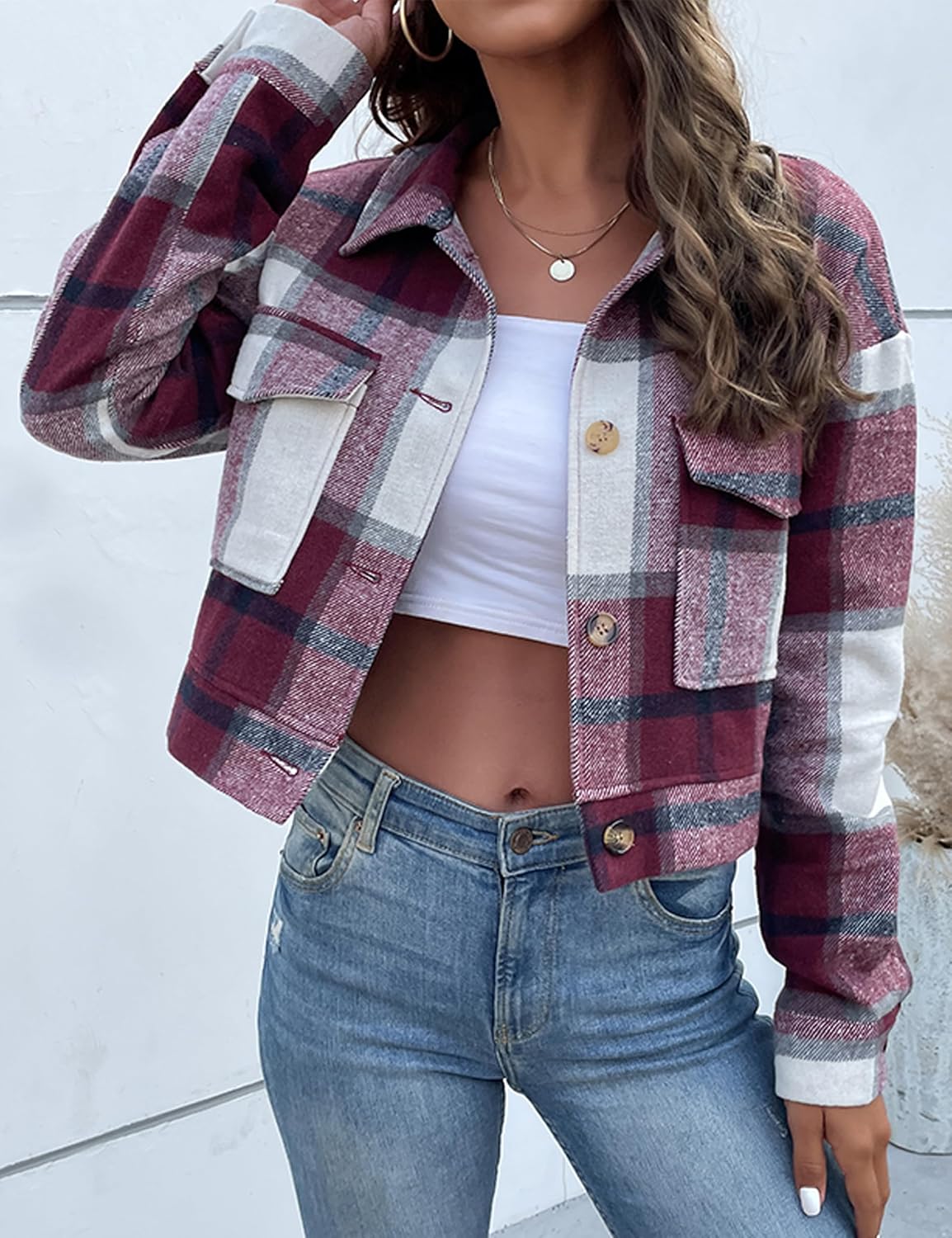 Women's Flannel Cropped Plaid Shacket Jacket Button Up Fall Jacket
