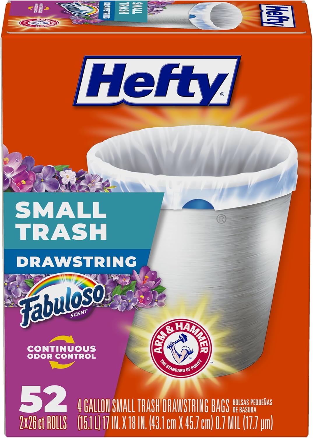 Hefty 4 Gallon Small Trash Bags, White, Fabuloso Lavender Scent, 52ct