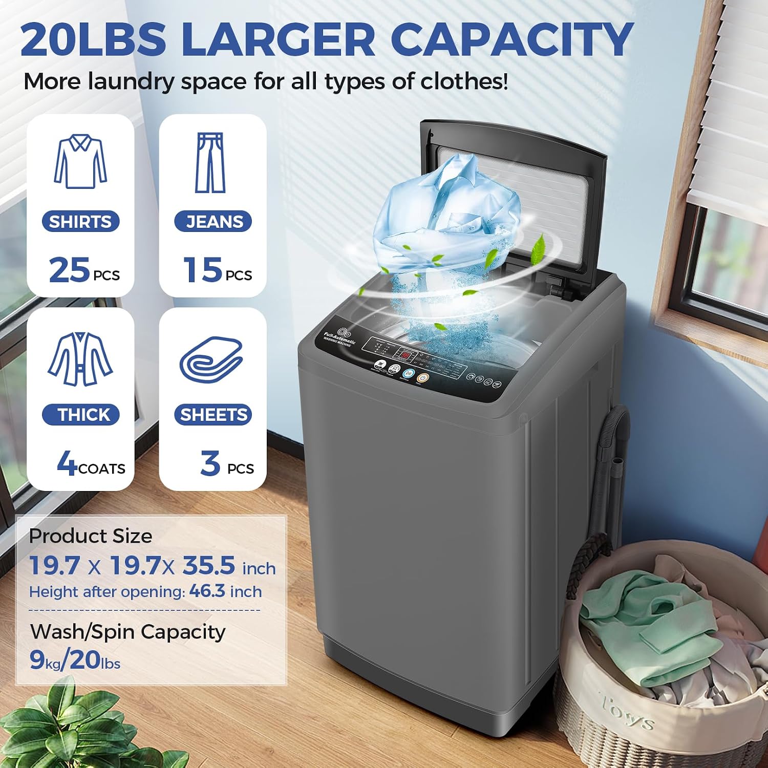 Nictemaw 20Lbs Washing Machine for Apartment, Slow-Close Glass Lid, 480W