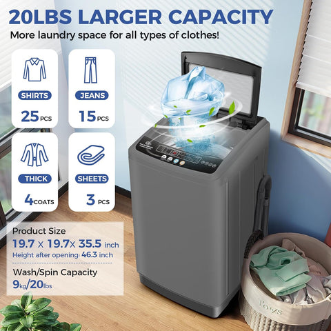Nictemaw 20Lbs Washing Machine for Apartment, Slow-Close Glass Lid, 480W