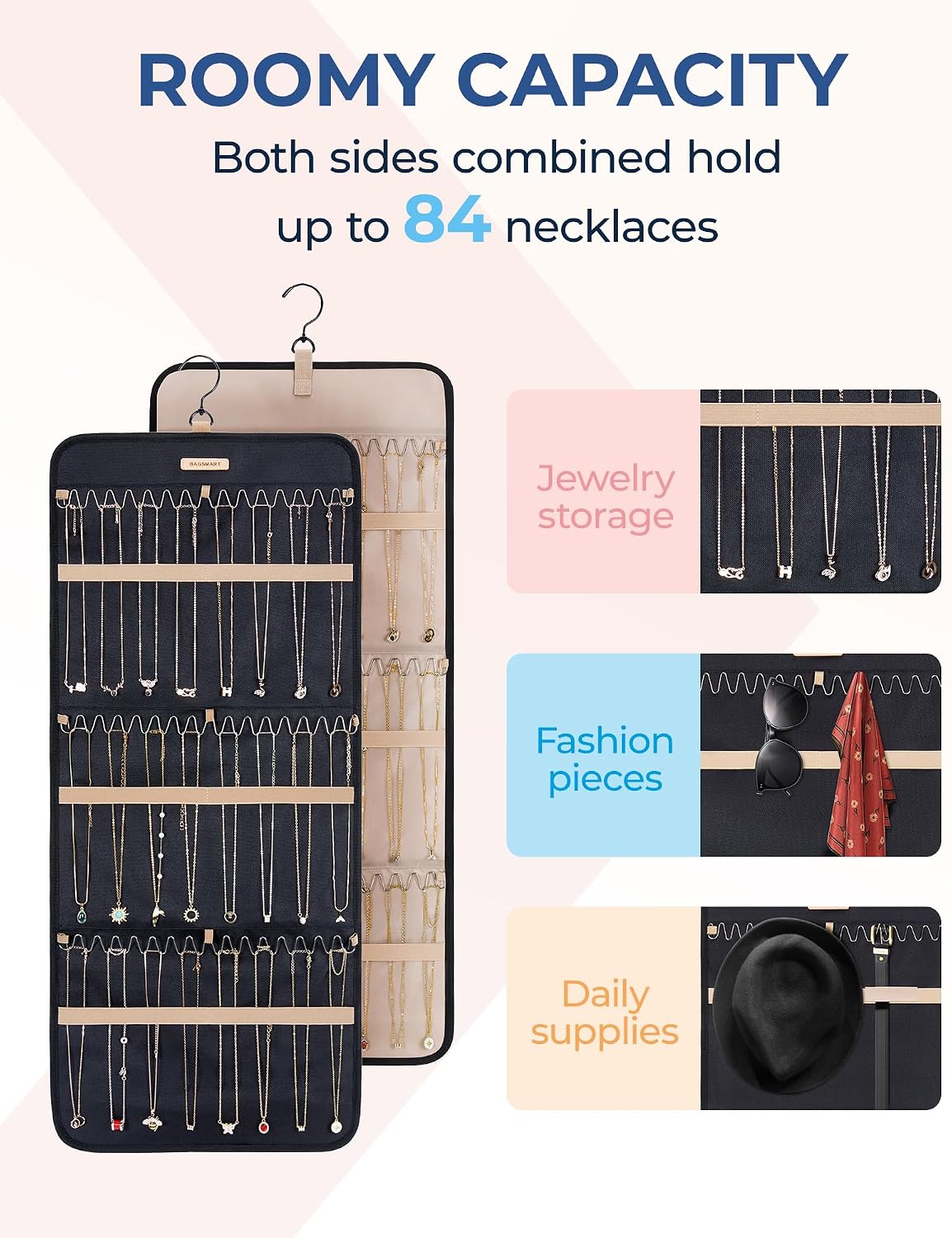 BAGSMART Hanging Necklaces Organizer Jewelry Holder, 1 piece, Large Black
