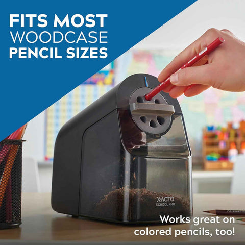 X-ACTO Pencil Sharpener, School Pro Electric Sharpener, Black, With Six Size Dial, XL Shavings Bin - Heavy Duty, Classroom Supplies