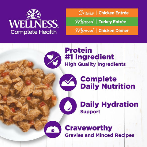 Wellness Complete Health Gravy and Minced Variety Pack Adult Canned Wet Cat Food, Natural, Protein Rich, Grain Free, Chicken and Turkey Lovers, 3 oz, Pack of 24 Cans