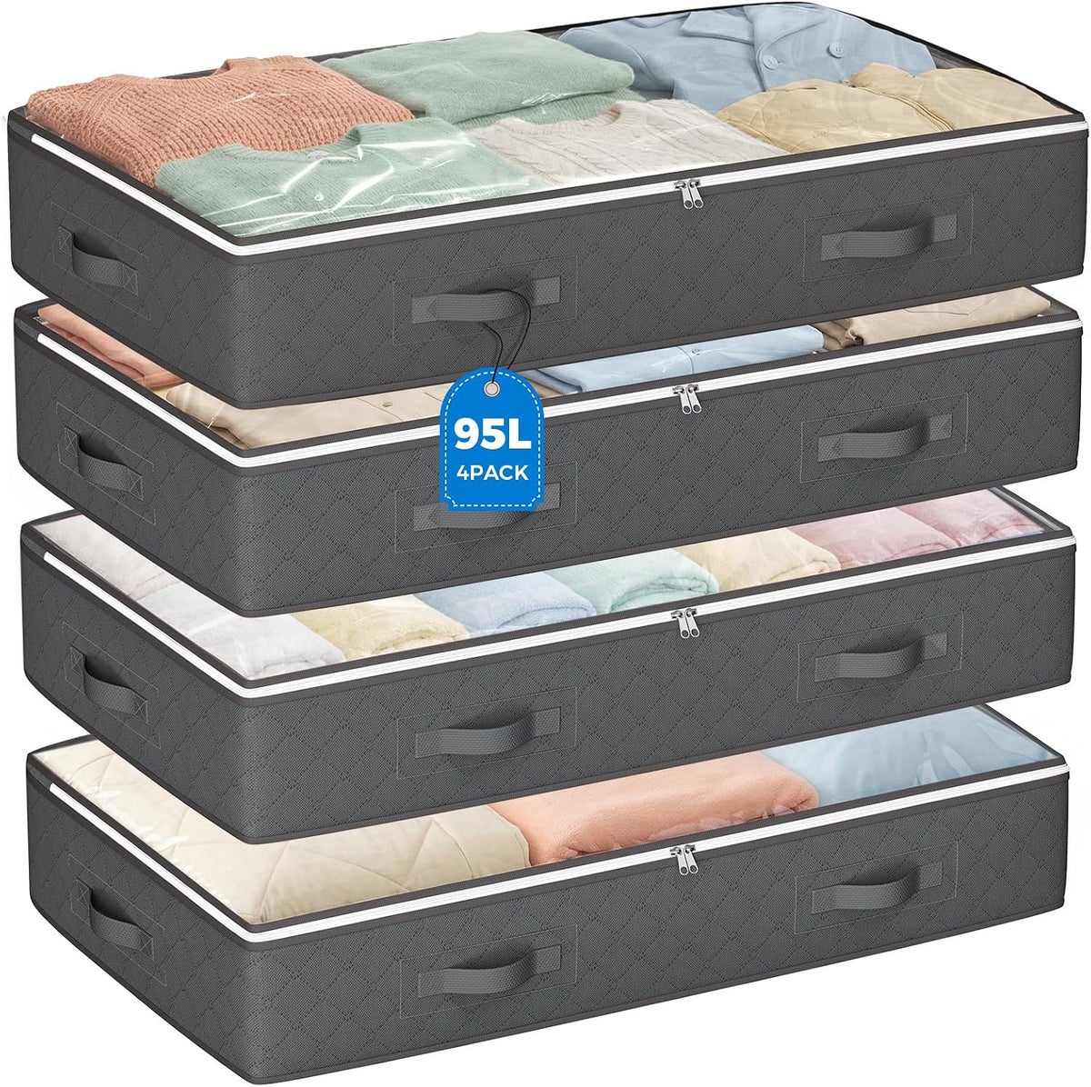 Budding Joy 95L Under Bed Storage Containers, 4 Pack Closet Organizers Grey
