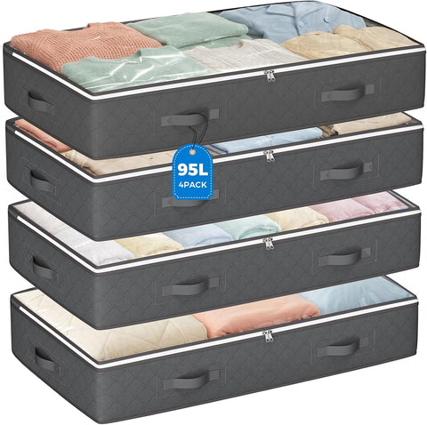 Budding Joy 95L Under Bed Storage Containers, 4 Pack Closet Organizers Grey