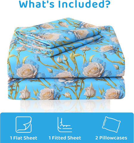 Mooreeke Cozy Floral Microfiber Printed Twin Sheet Set - Soft & Breathable 3D Rose Bed Sheets with Deep Pocket - Non-Slip Fitted Design - Blue White Rose Pattern - Queen
