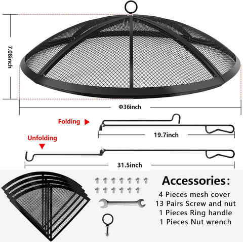Fire Pit Spark Screen, Fire Pit Screen 36 Inch Round with Handle & Poker