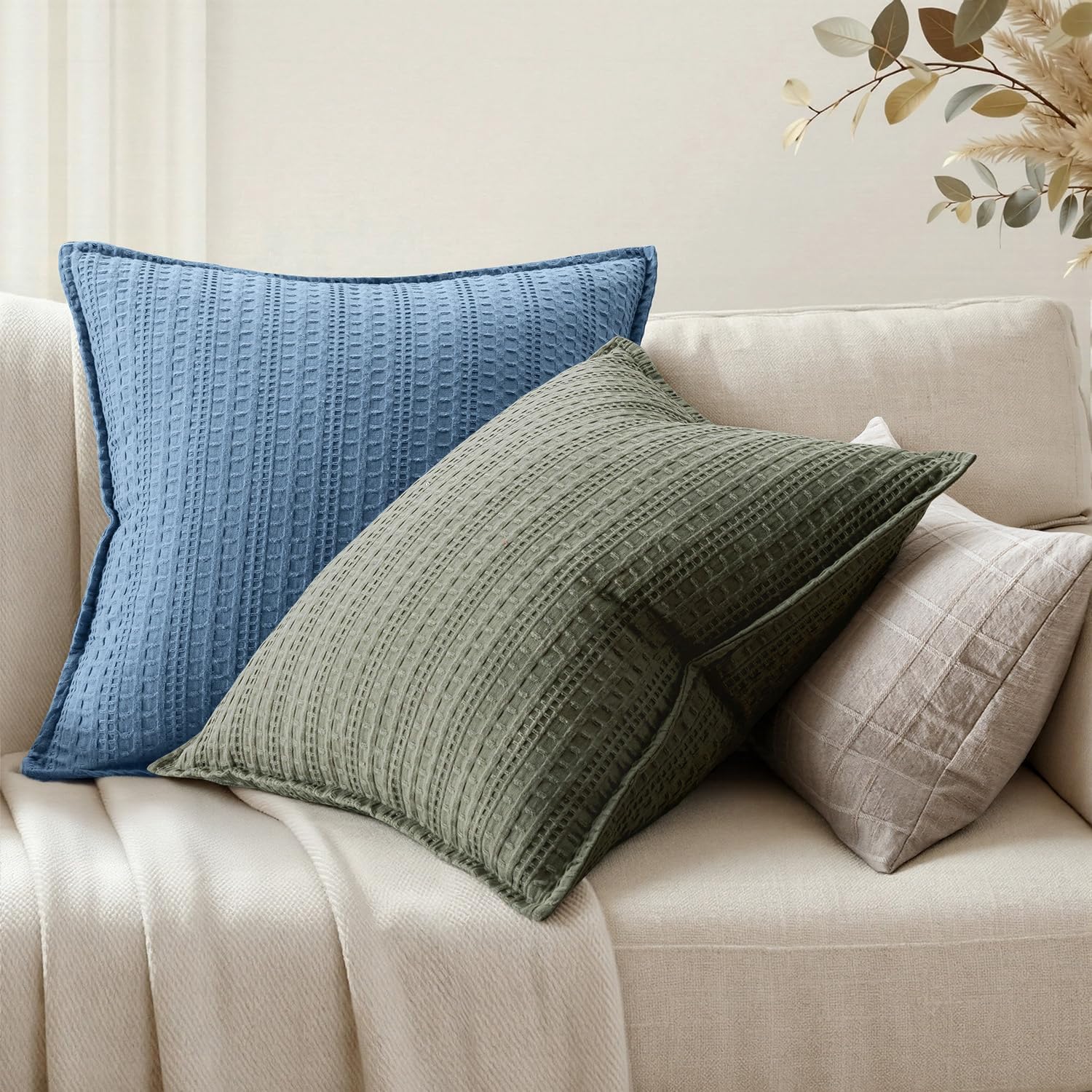 Decorative Waffle Throw Pillow Covers 18x18 Blue 2 Pack