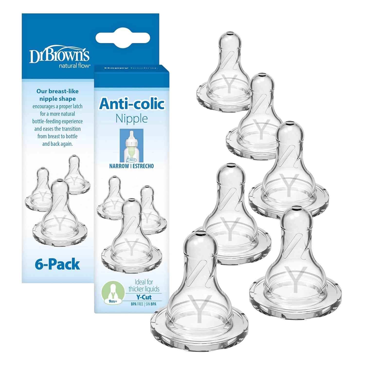 Dr. Brown’s Narrow Y-Cut Nipple, 9m+, 6-Pack