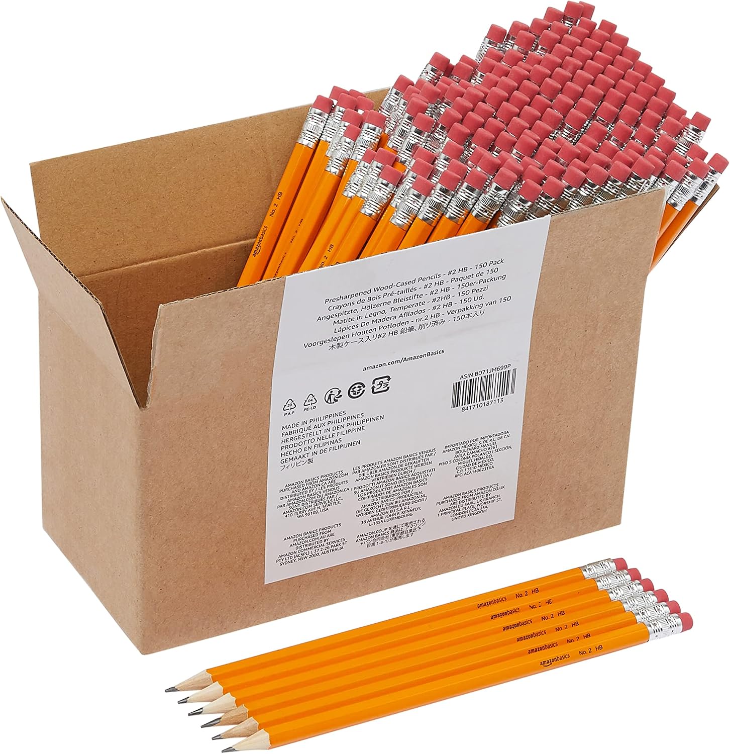 Amazon Basics Wood-Cased #2 Pencils for Writing, Drawing and Sketching, Pre-sharpened, HB Soft Lead with Erasers, Teacher Supplies, 150 Count, Yellow
