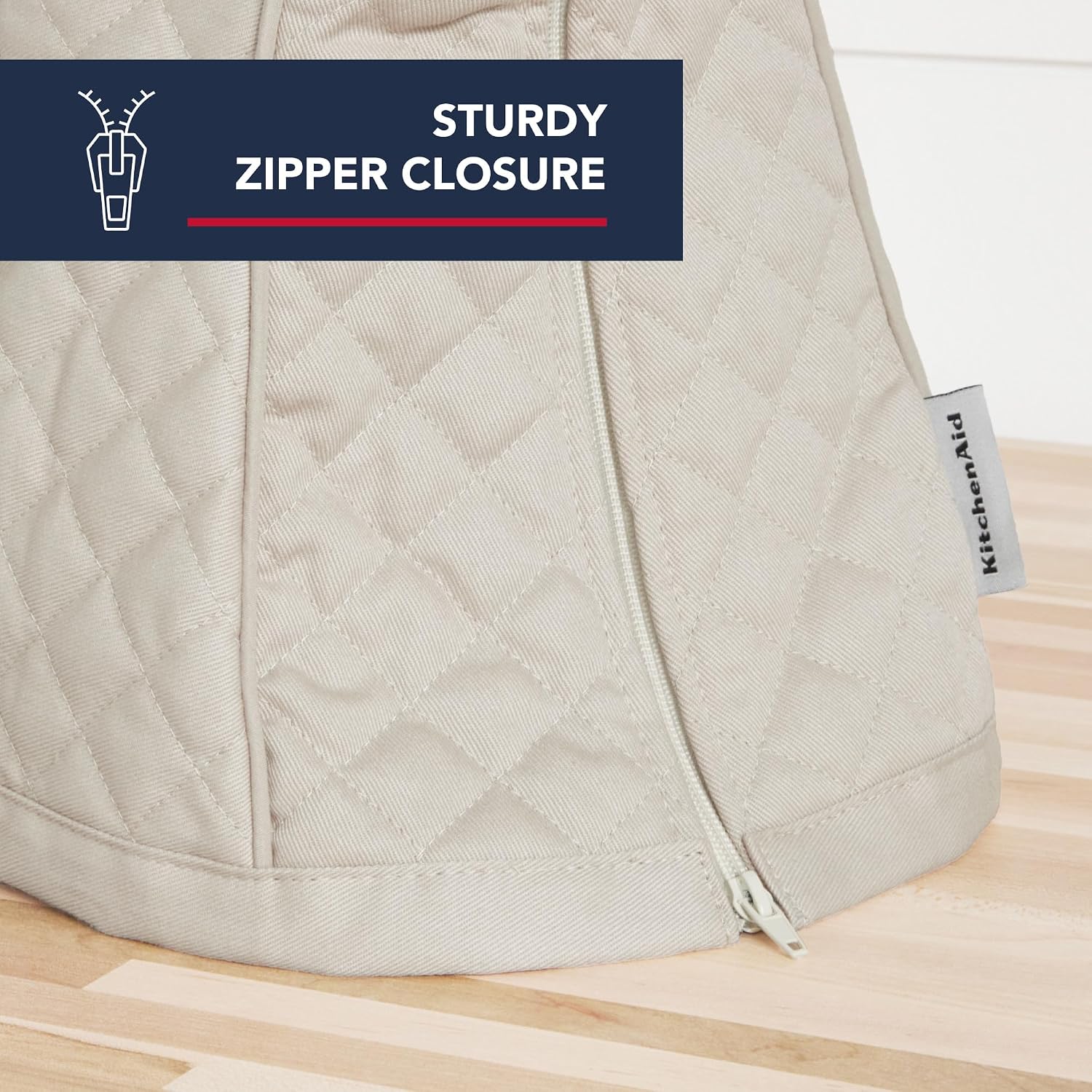 KITCHENAID Fitted Tilt-Head Stand Mixer Cover with Storage Pocket, Quilted 100% Cotton,14.4"x18"x10", Milkshake Tan