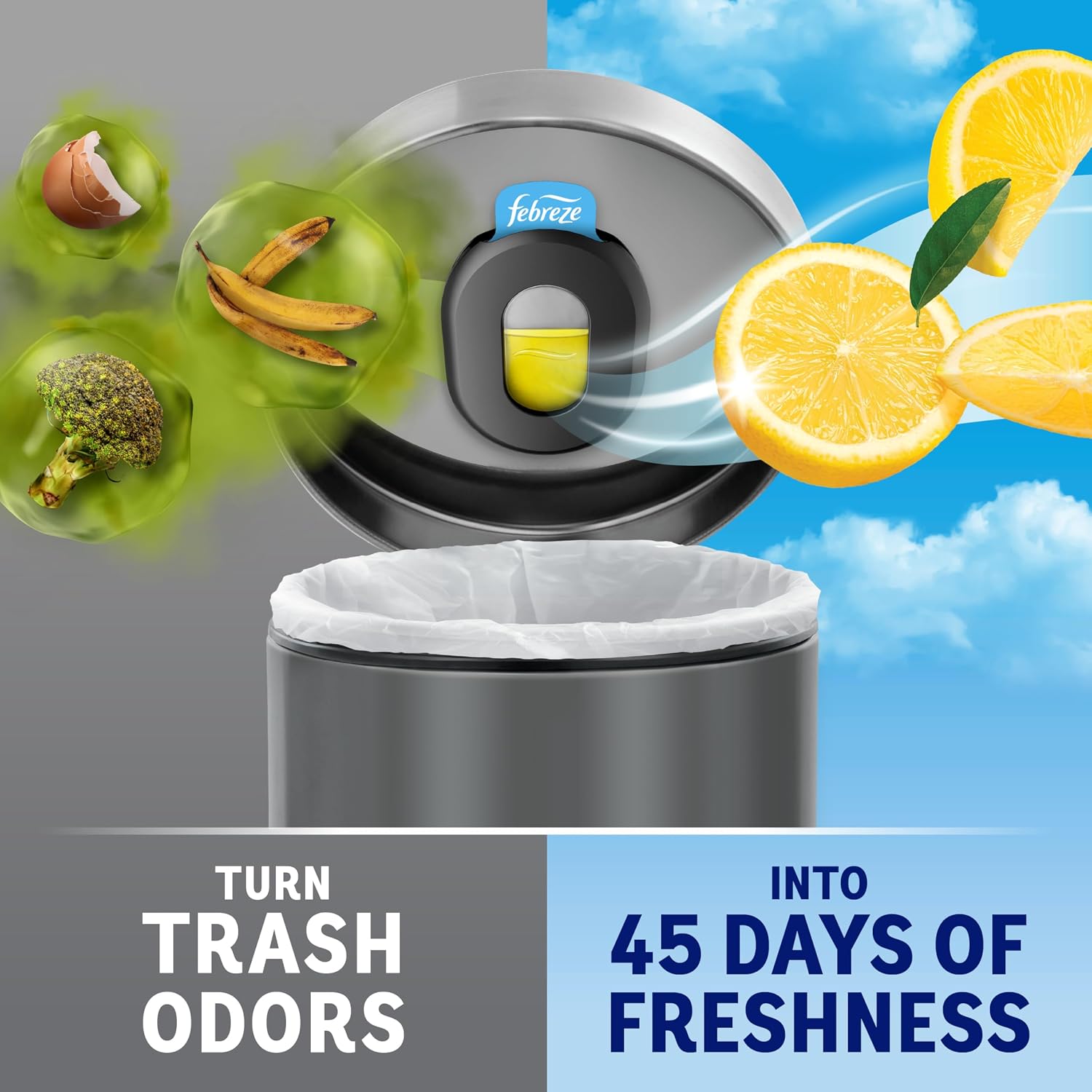 Febreze Trash Can Odor Fighter, Can Air Freshener, Stick-On Deodorizer for Garbage Cans, Diaper Pails, Works with Scented Bags, Fresh Lemon and Linen & Sky Scents, 2 Holders + 2 Refills