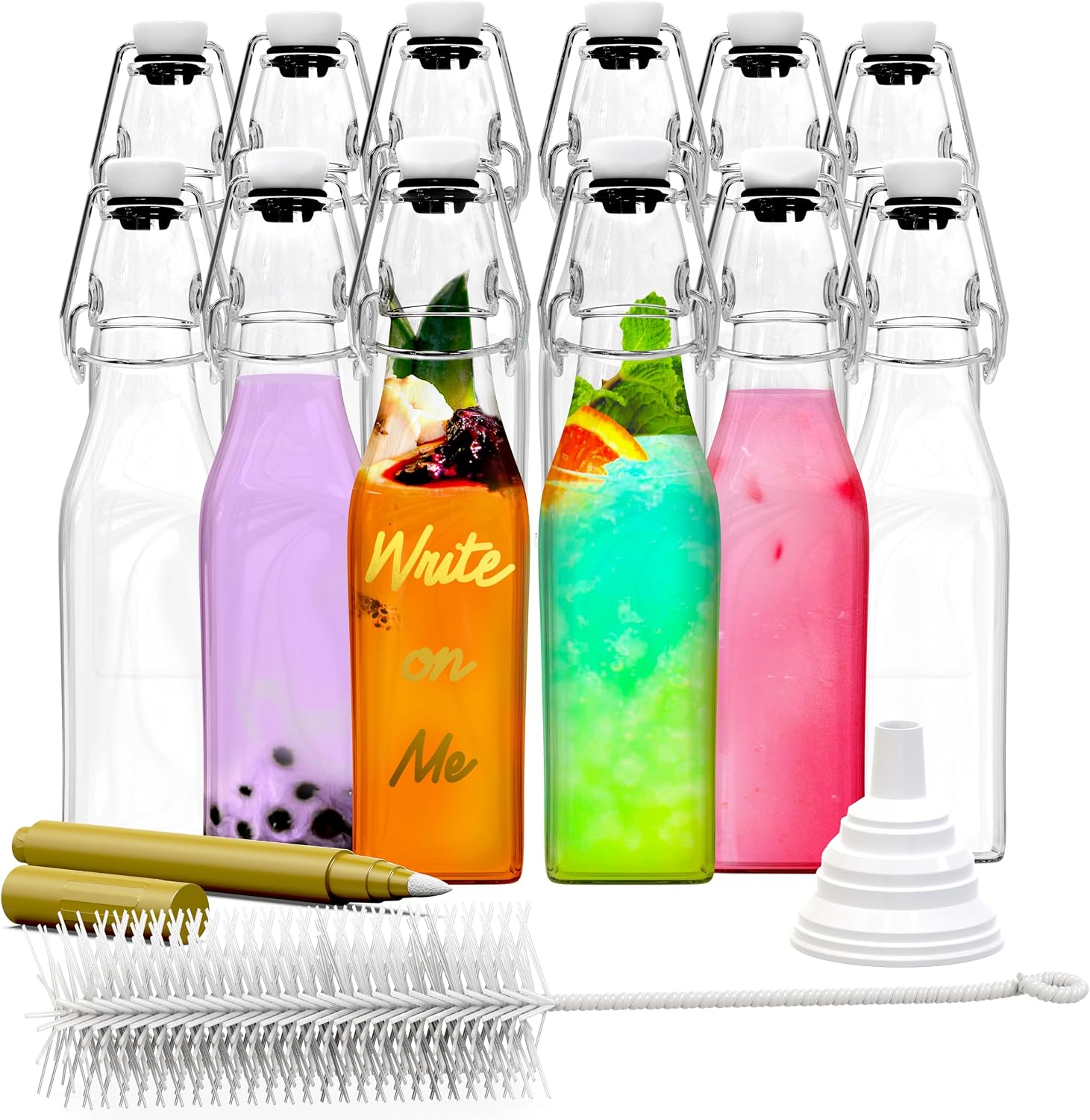 Nevlers 8.5 Oz Square Clear Swing Top Glass Bottles with Lids 12 Pack