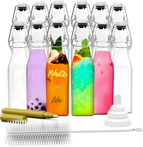 Nevlers 8.5 Oz Square Clear Swing Top Glass Bottles with Lids 12 Pack