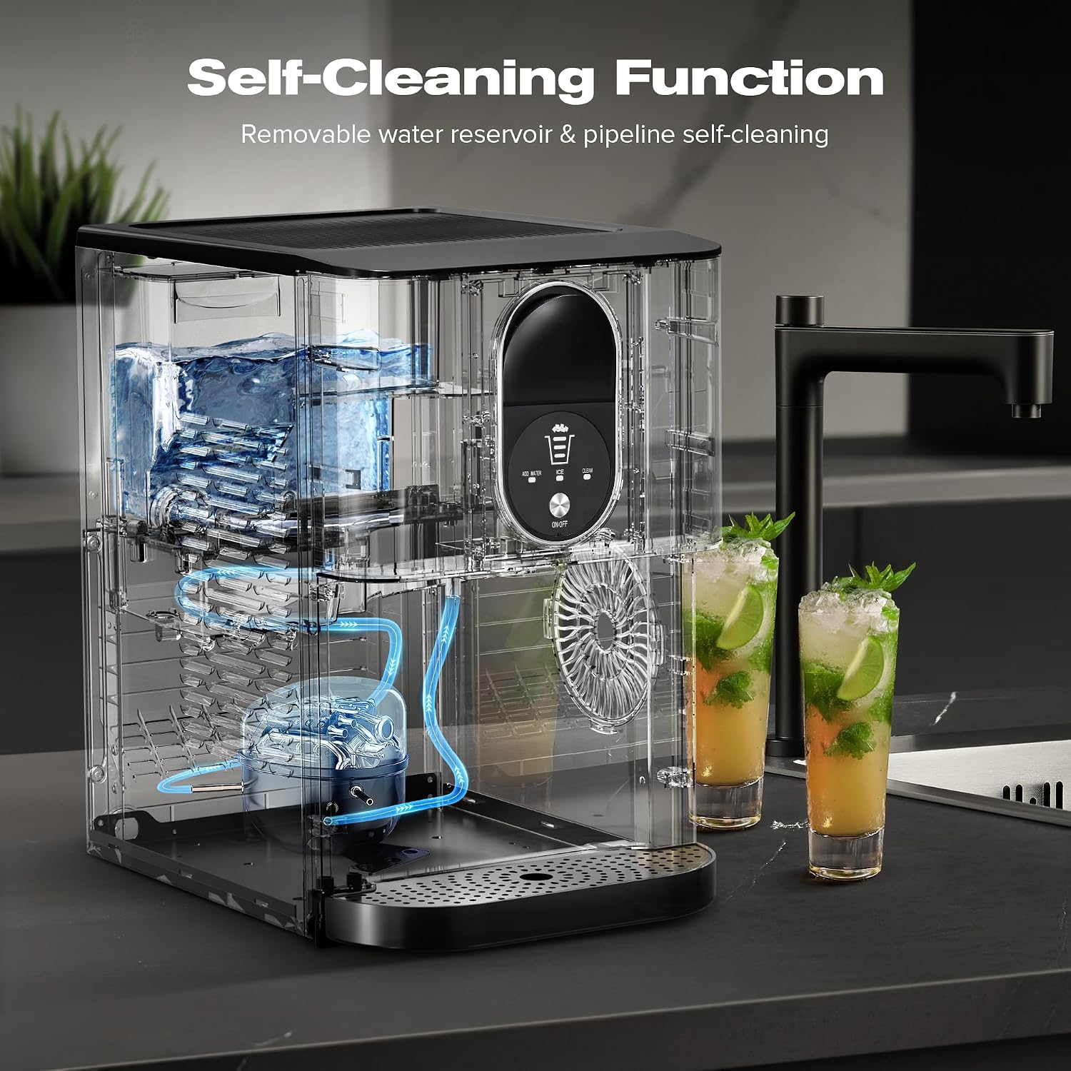 Kismile Countertop Nugget Ice Maker, 44Lbs/24H Self-Cleaning, Black