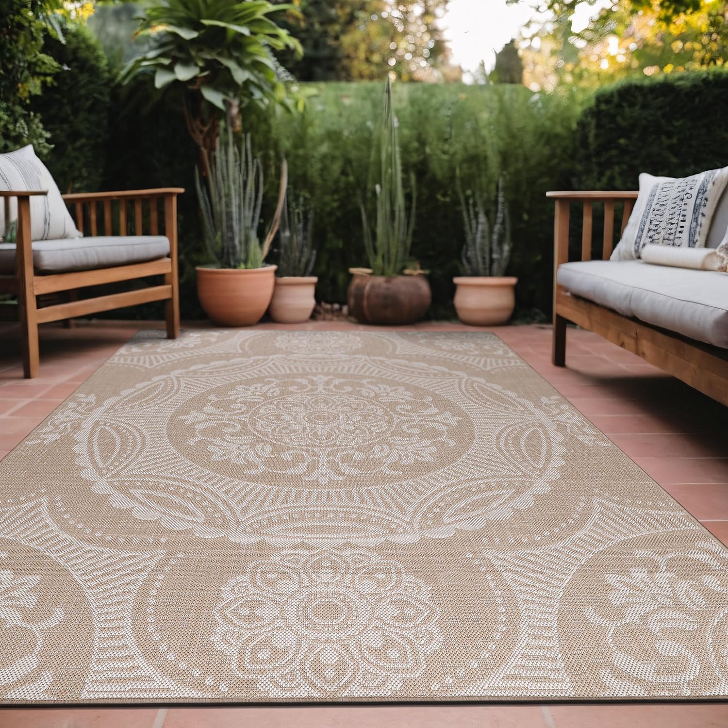 Luul Home Medallion Outdoor Rug 8x10 Washable Outside Carpet for Indoor Patio Porch Waterproof Easy Cleaning Non Shedding Area Rugs Beige 8 x 10