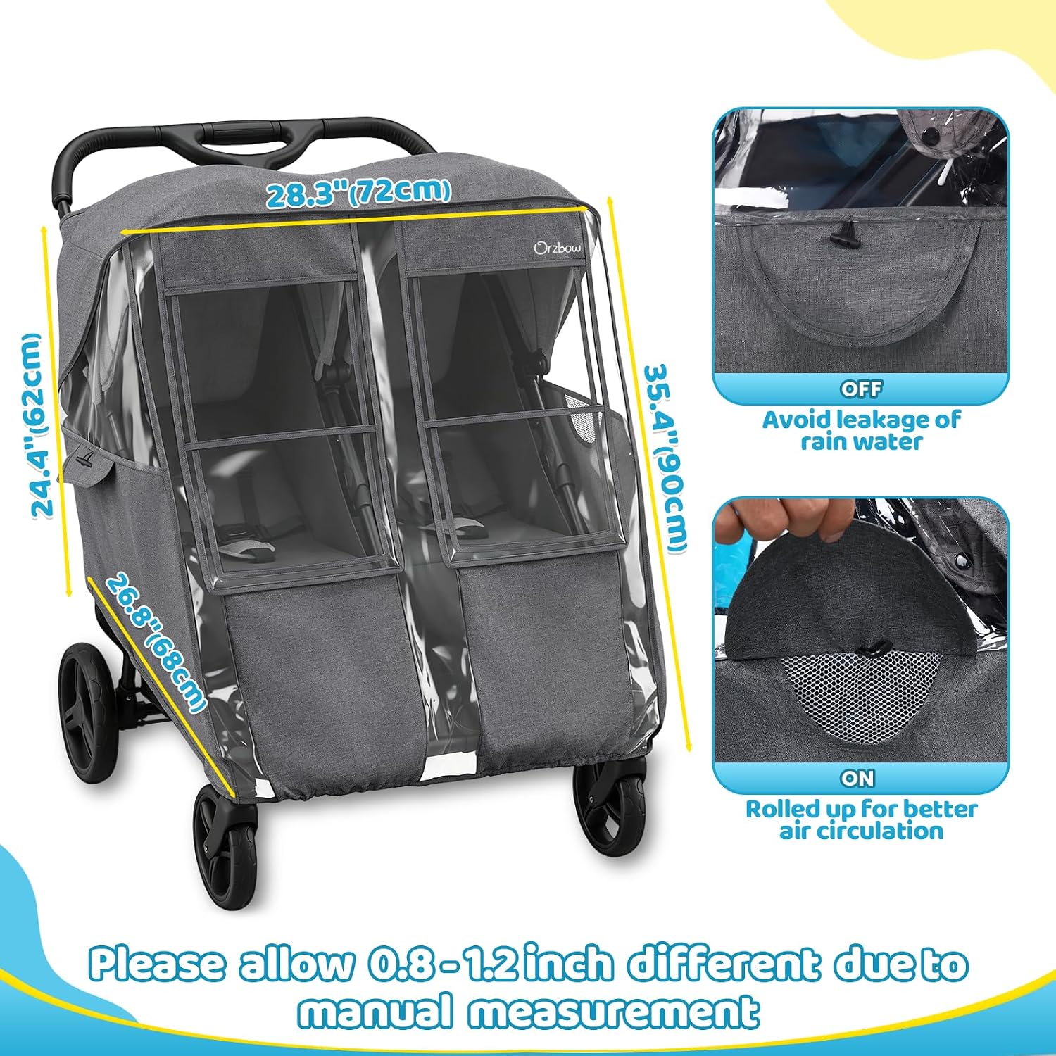 Universal Double Stroller Rain Cover, Easy Access, Durable, Gray