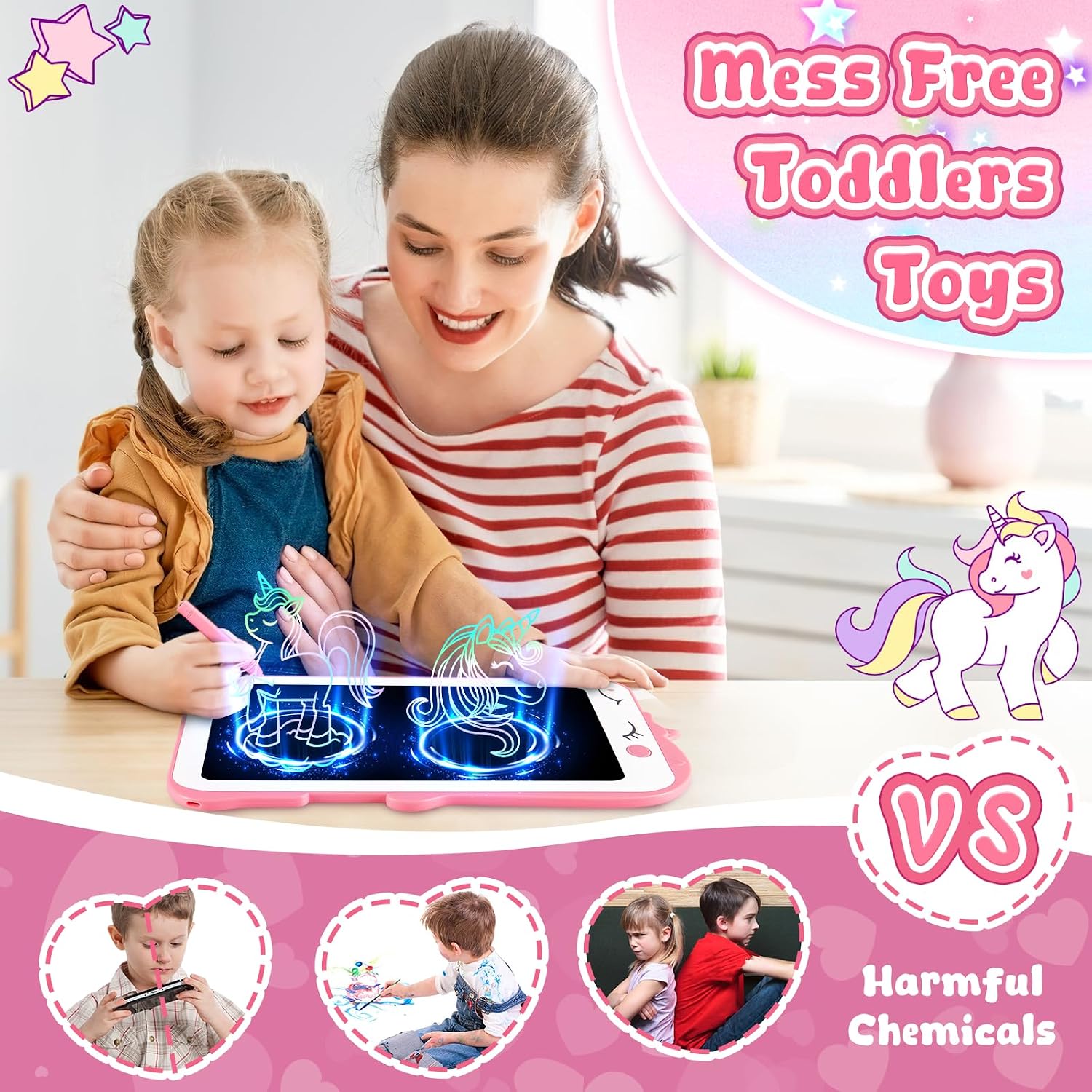 Teriph LCD Writing Tablet for Kids, Unicorn Girl Toys, Toddlers Toys Drawing Board, Educational Doodle Pad Kid Toy for 3 4 5 6 7 8 Year Old Girls Boys Easter Birthday Party Xmas Gift, 8.5inch & Pink