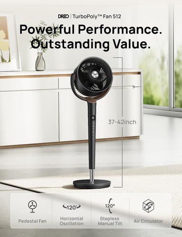DREO Fan for Bedroom, 120° Oscillating Standing Fan, Quiet Floor Fan with DC Motor, Pedestal Fan for Room, 9 Speeds, 4 modes, 120° Manual Vertical, 37-42" Adjustable Height, 9H Timer, Dark Gray