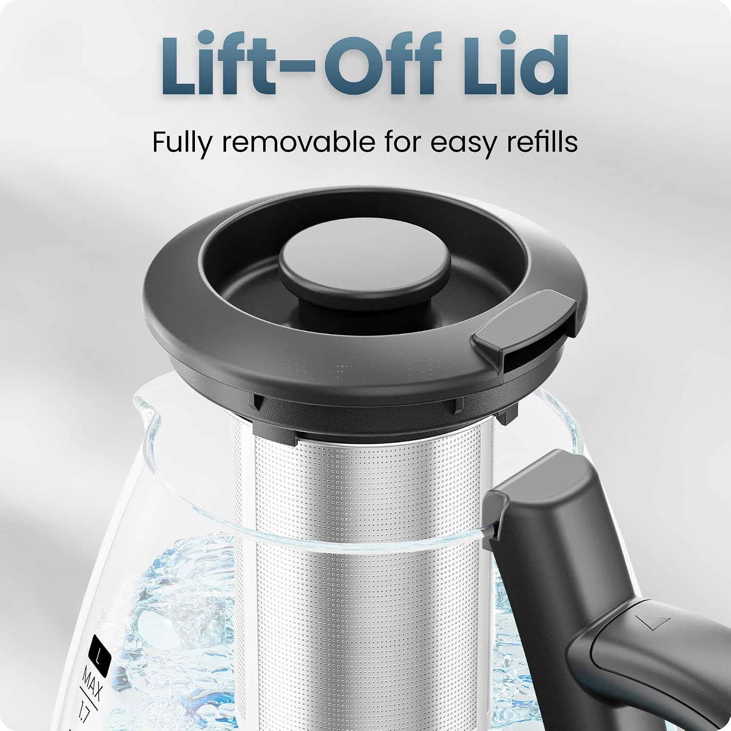 Chefman Electric Kettle with Tea Infuser, 1.7L 1500W, Removable Lid for Easy Cleaning, Boil-Dry Protection, Stainless Steel Filter, BPA Free, Auto Shut Off Hot Water Boiler, Glass Electric Tea Kettle