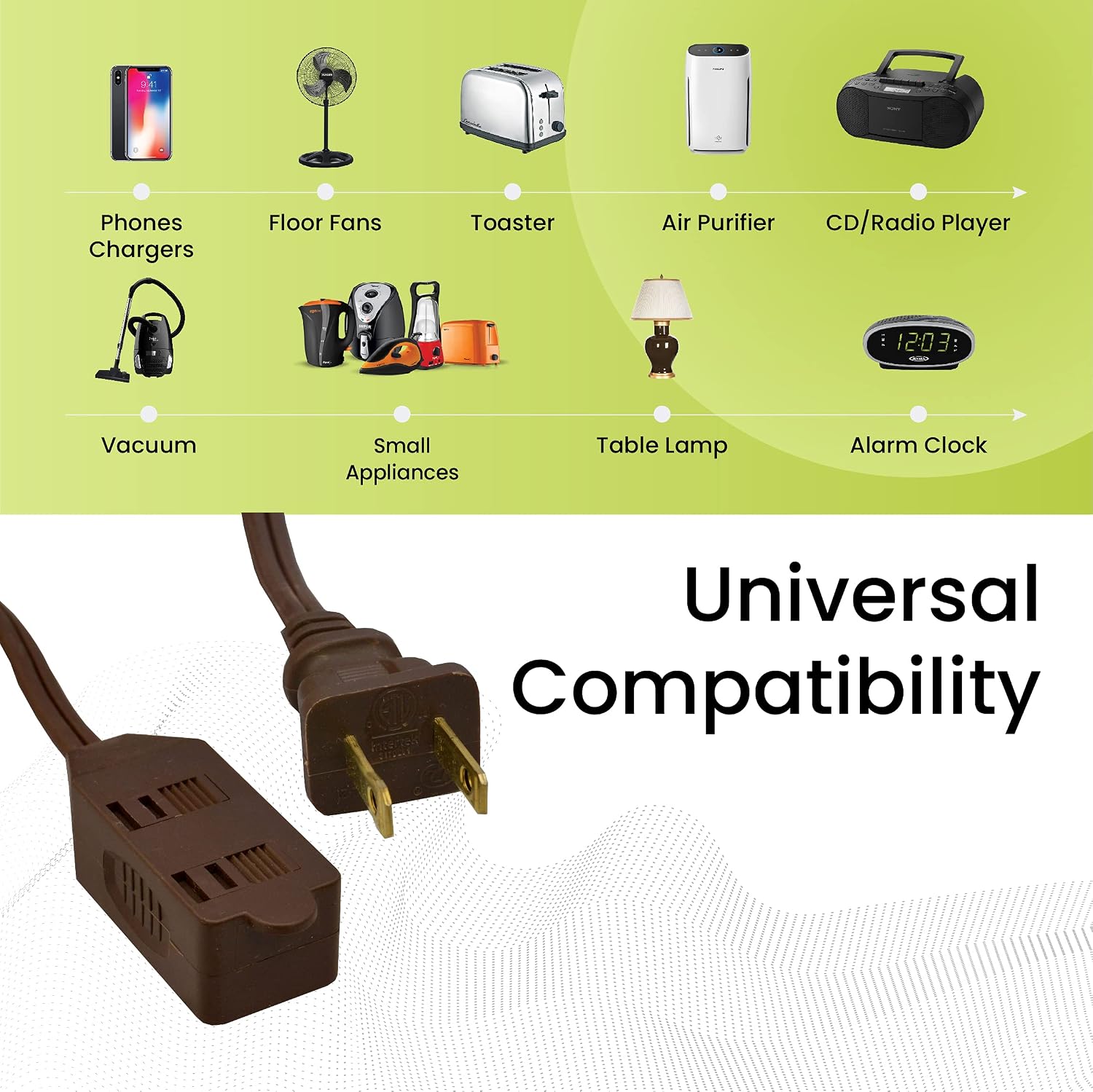Go Green Power Inc. 16/2 6ft Household Extension Cord with 3 Outlets, Brown - Discreet, Kink-Free, Child Safety Covers for extra protection - Perfect for Daily Use - GG-24806
