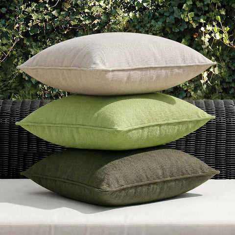 Fancy Homi Set of 2 Water Resistant Soft Chenille Decorative Outdoor Throw Pillow Covers Solid Olive Green Summer Farmhouse Boho Patio Cushion Cases 24x24 Inch for Garden Balcony Tent Couch Sofa Bed
