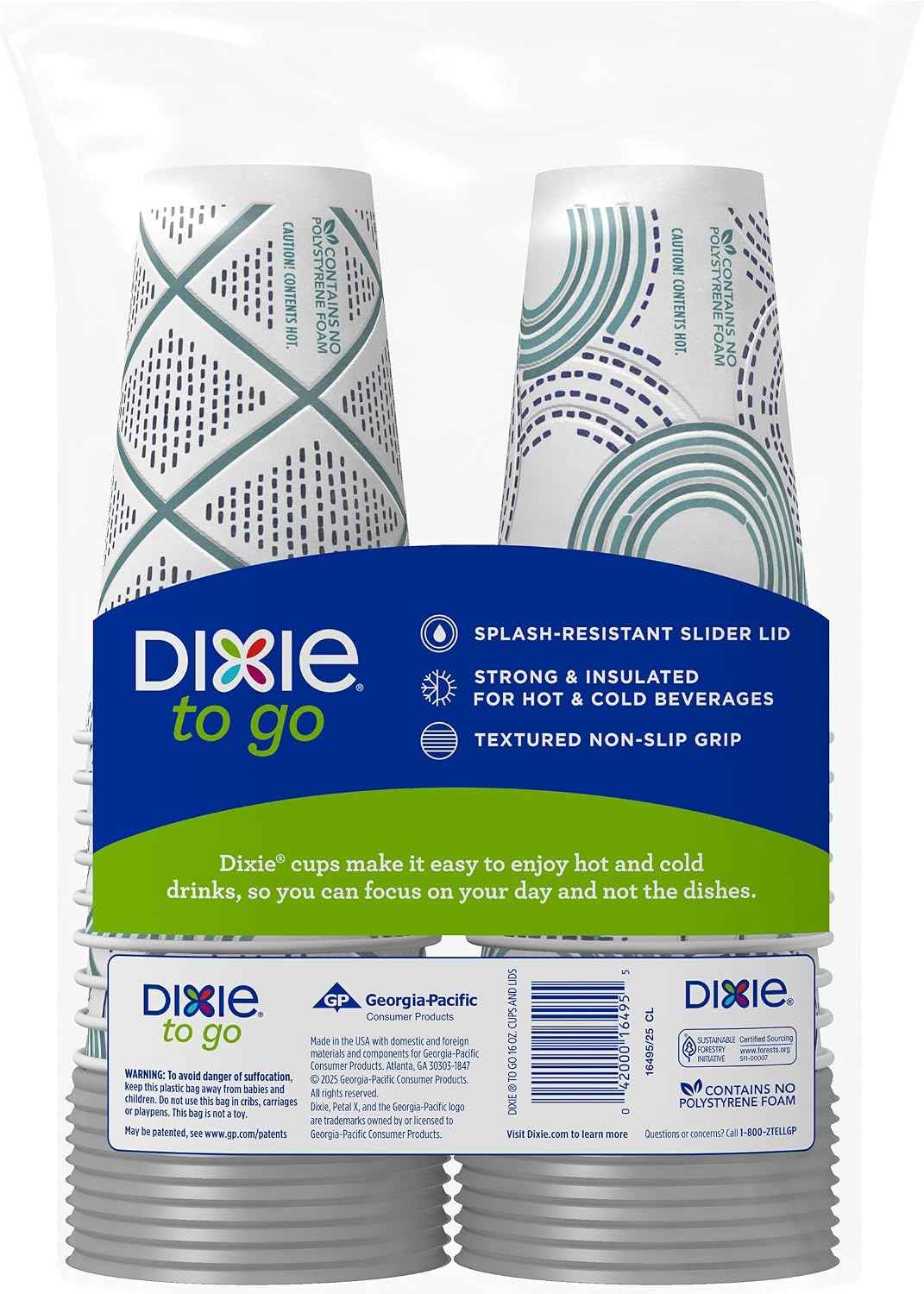 Dixie To Go Paper Coffee Cups With Lids, 16 oz, 108 Count (6 packs of 18 cups), Disposable Insulated Paper Cups for On-The-Go Hot or Cold Beverages