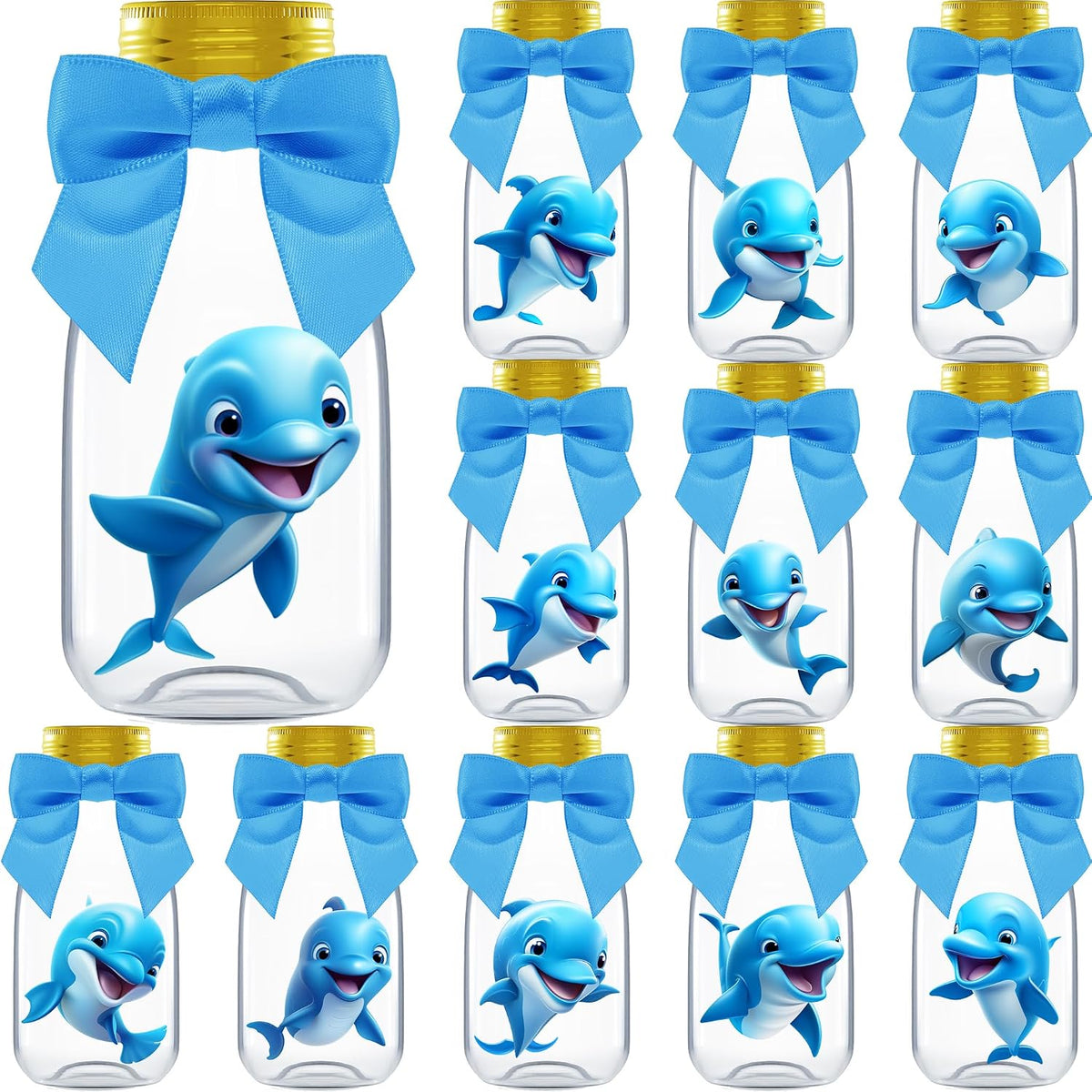Ethisa Small 12 Pack Dolphin Party Favors - DIY Candy Jars with Ribbons and Stickers - Party Decoration Bottles for Birthday, School Classroom, and Baby Shower - Dolphin Table Centerpiece for Kids