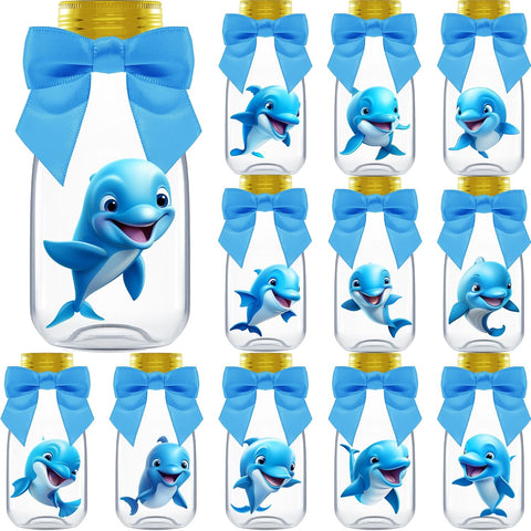 Ethisa Small 12 Pack Dolphin Party Favors - DIY Candy Jars with Ribbons and Stickers - Party Decoration Bottles for Birthday, School Classroom, and Baby Shower - Dolphin Table Centerpiece for Kids