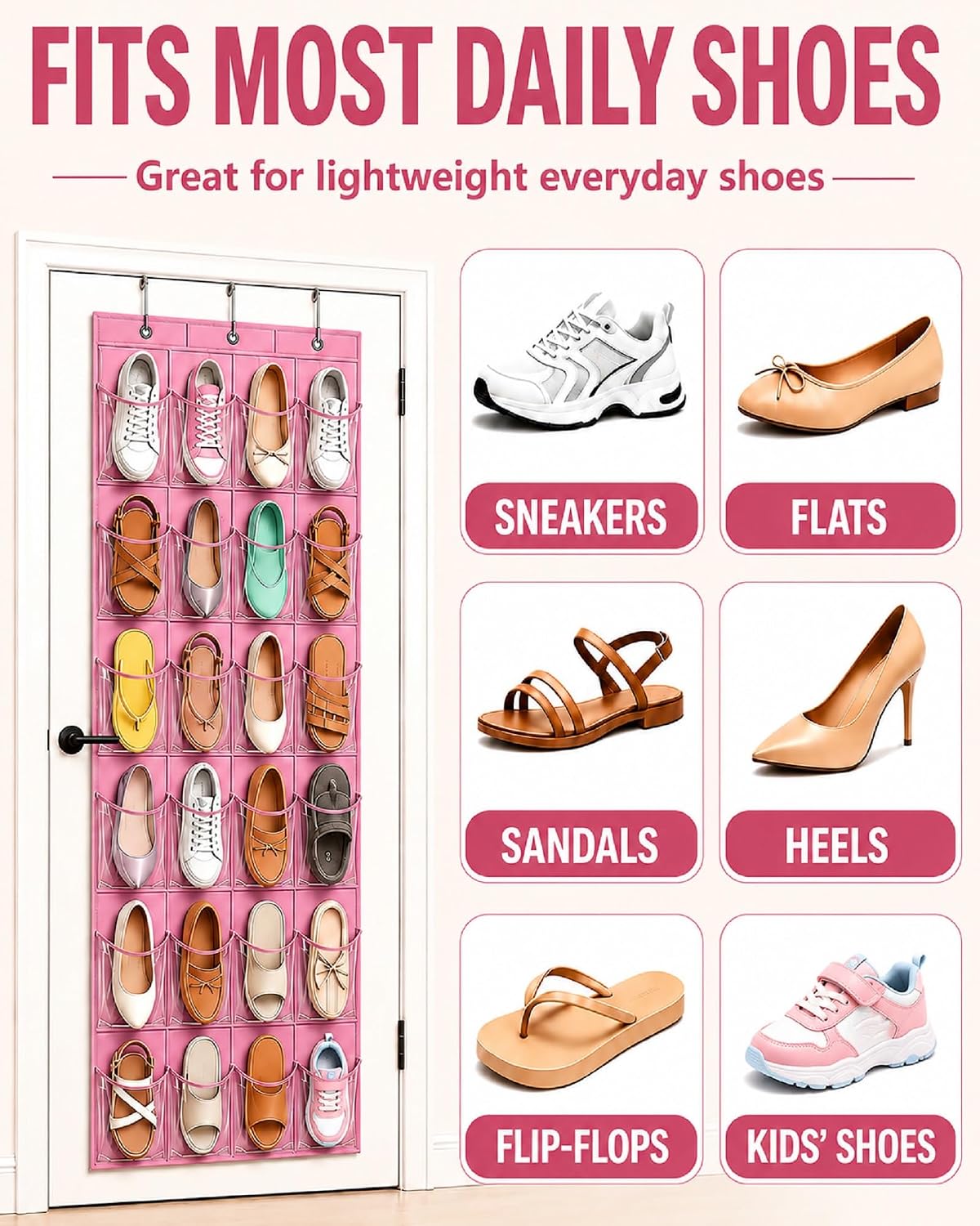 Over-the-Door Kids Shoe Organizer Pink Shoe Rack for Door