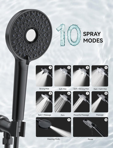 Magichome Shower Head with Handheld, High Pressure 10-Spray Detachable Chrome Showerhead with Stainless Steel Hose, Black