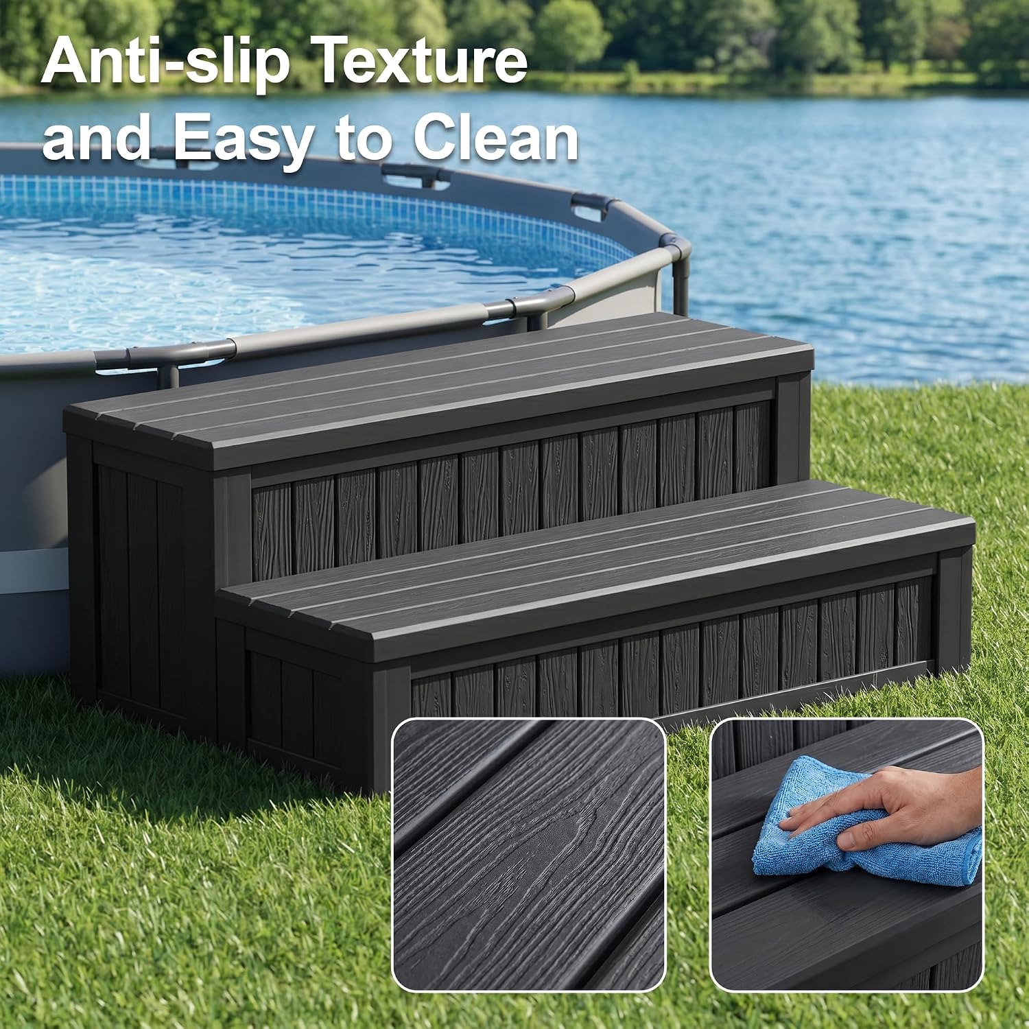 Plastic Hot Tub Steps with Storage, Spa Steps Outdoor Stairs, 36.6 Inches Long - Non-Slip All Weather Top & Feet, 32 Gallon Capacity, Waterproof for Porch/RV/Deck, Sturdy Plastic Frame, Black