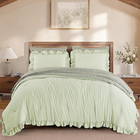 BLOOMHAVEN Full Size Comforter Sets-7 Pieces Ruffle Bedding Floral Sheet