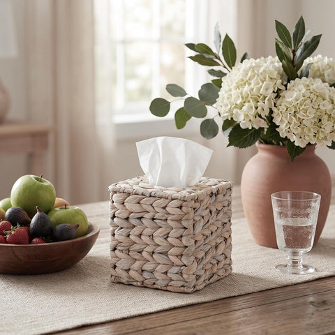 Water Hyacinth Handwoven Tissue Box Cover, Natural Handmade Wicker Napkin Box Holder, Handcrafted Square Facial Tissue, Rustic Decorative on Table and Bathroom, Office, Boho Decorative, Whitewash