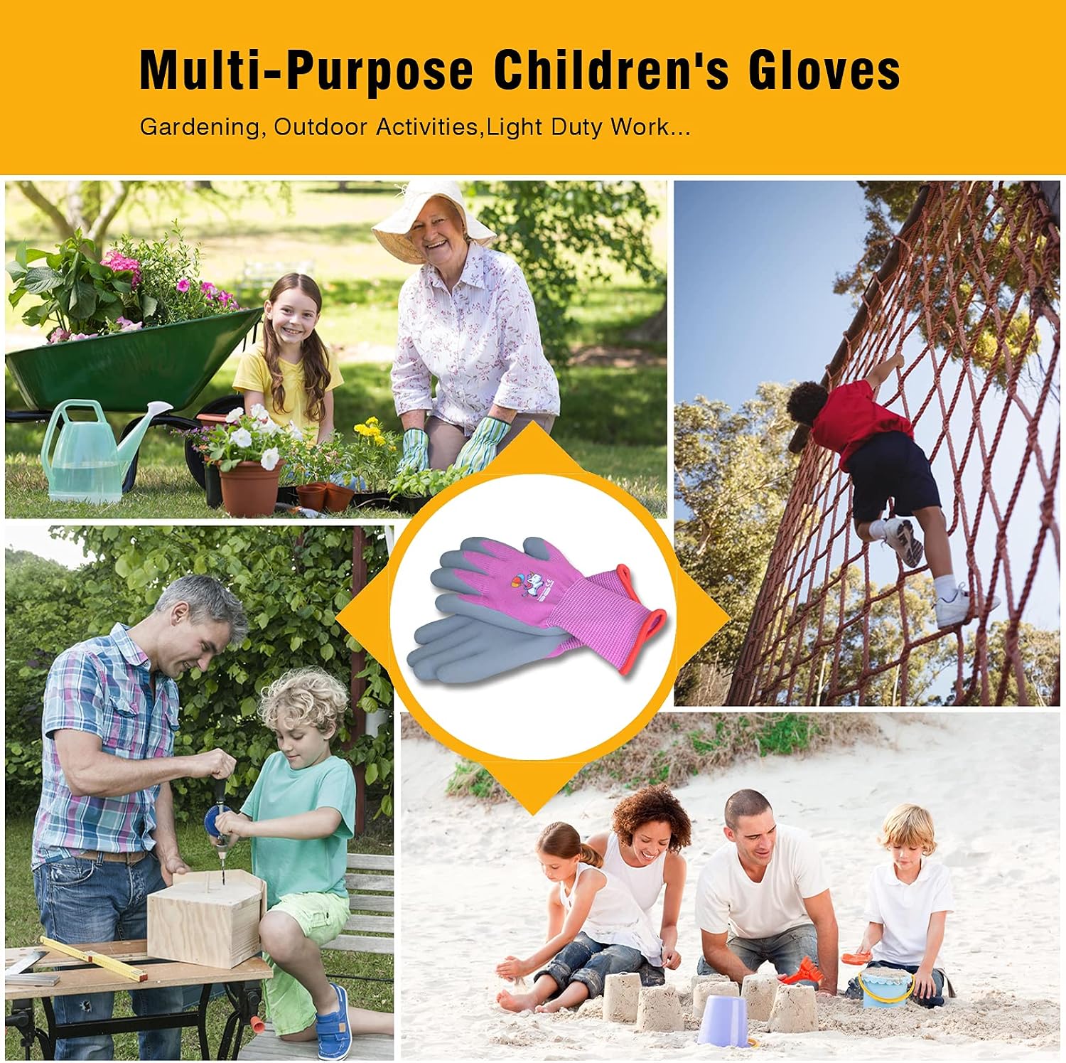 Kids Gardening Gloves, Latex Coated Toddler Yard Gloves, 2 Pairs (8-10 YRS)